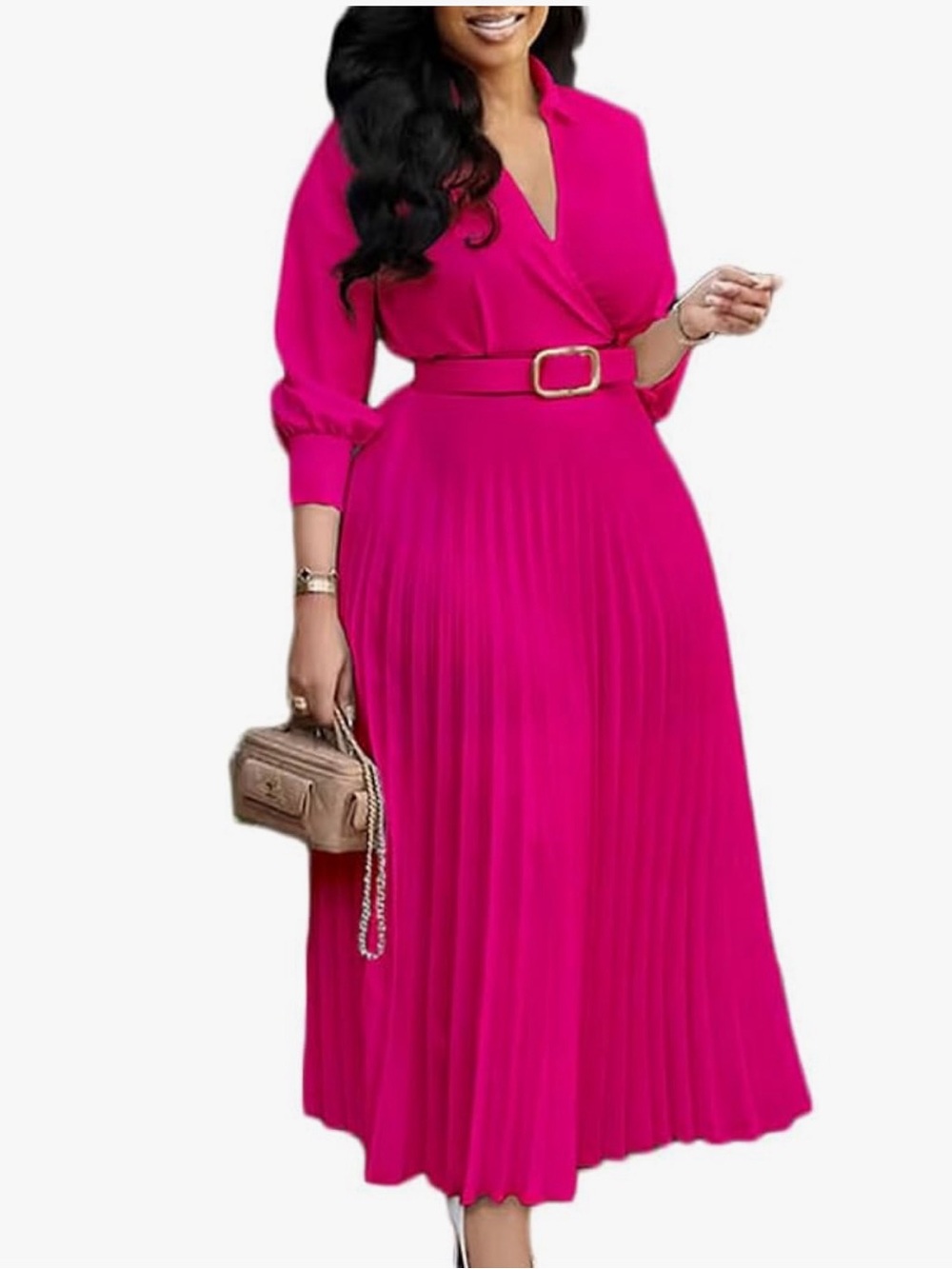 Pleated Belted Midi Dress in Hot Pink